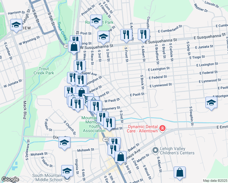 map of restaurants, bars, coffee shops, grocery stores, and more near 1704-1706 Chapel Avenue in Allentown