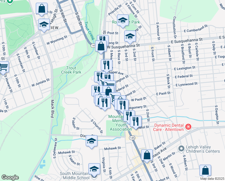 map of restaurants, bars, coffee shops, grocery stores, and more near 1517 South 4th Street in Allentown