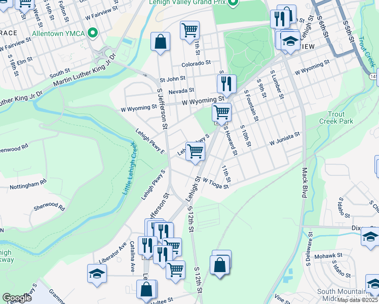 map of restaurants, bars, coffee shops, grocery stores, and more near 1232 West Juniata Street in Allentown