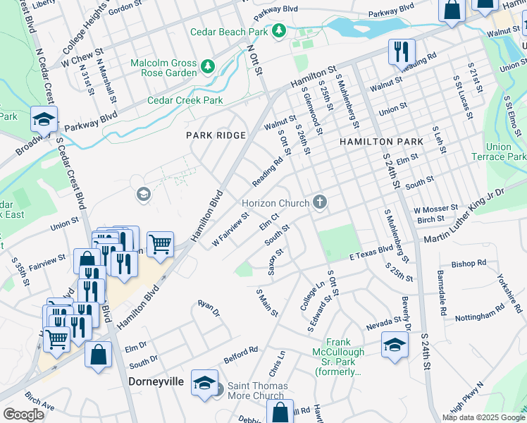 map of restaurants, bars, coffee shops, grocery stores, and more near 302 College Drive in Allentown