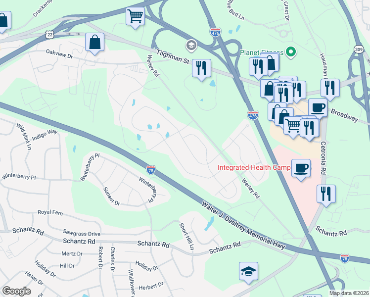 map of restaurants, bars, coffee shops, grocery stores, and more near 359 Redclover Lane in Allentown