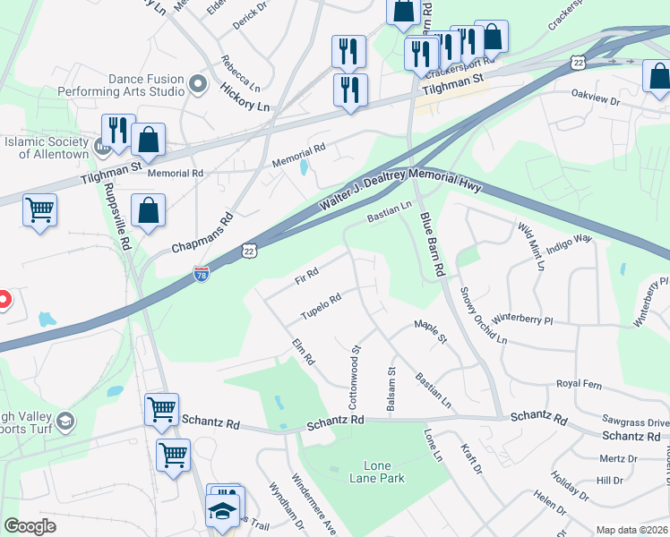 map of restaurants, bars, coffee shops, grocery stores, and more near 318 Bastian Lane in Allentown