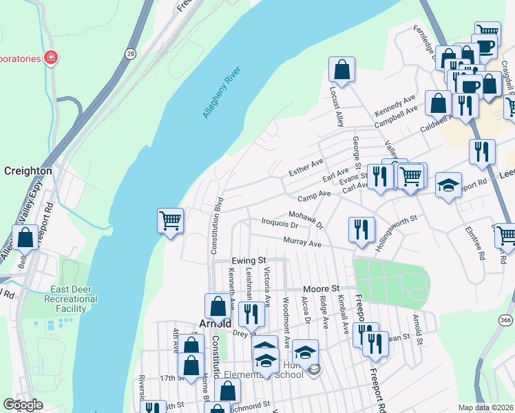 map of restaurants, bars, coffee shops, grocery stores, and more near 356 Camp Avenue in New Kensington