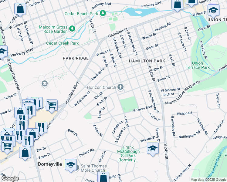 map of restaurants, bars, coffee shops, grocery stores, and more near 420 South Ott Street in Allentown