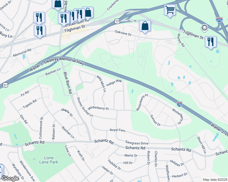 map of restaurants, bars, coffee shops, grocery stores, and more near 446 Sawgrass Drive in Allentown