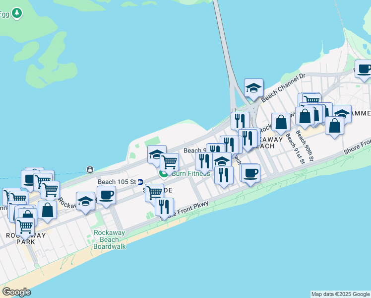 map of restaurants, bars, coffee shops, grocery stores, and more near 102-03 Beach Channel Drive in Queens