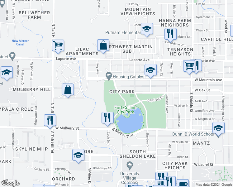 map of restaurants, bars, coffee shops, grocery stores, and more near 215 South Bryan Avenue in Fort Collins