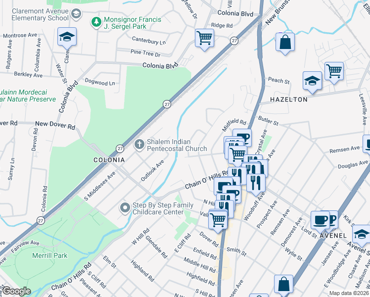 map of restaurants, bars, coffee shops, grocery stores, and more near 181 North Hill Road in Woodbridge Township
