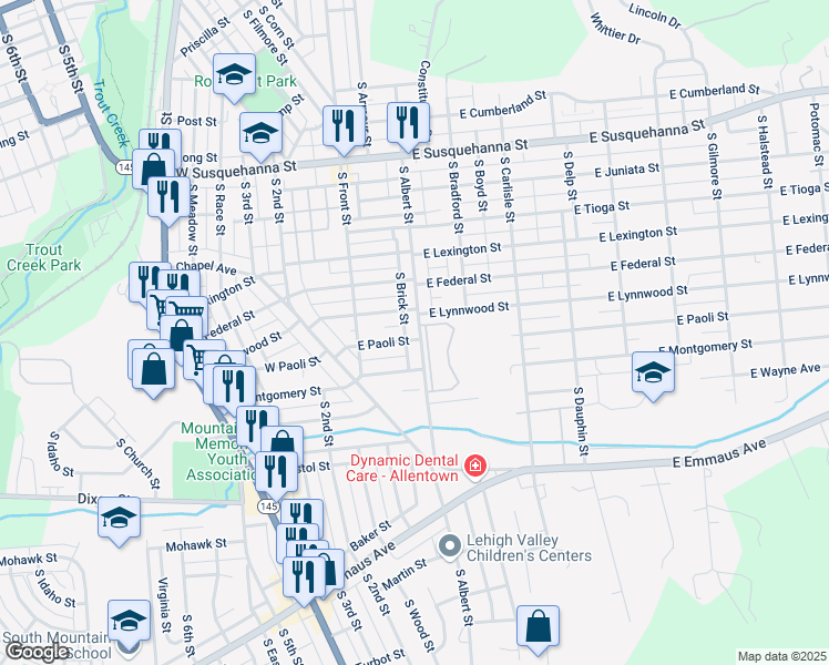 map of restaurants, bars, coffee shops, grocery stores, and more near 1722 South Albert Street in Allentown