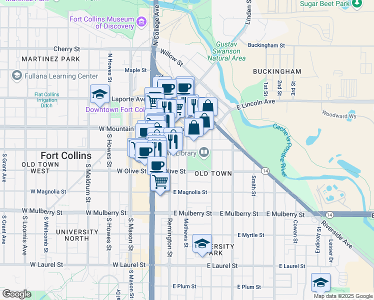 map of restaurants, bars, coffee shops, grocery stores, and more near 301 East Oak Street in Fort Collins