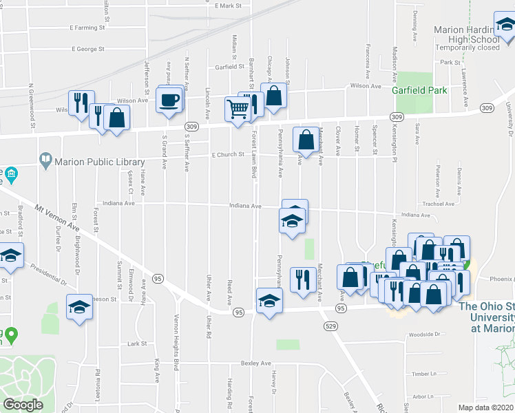 map of restaurants, bars, coffee shops, grocery stores, and more near 909 Indiana Avenue in Marion