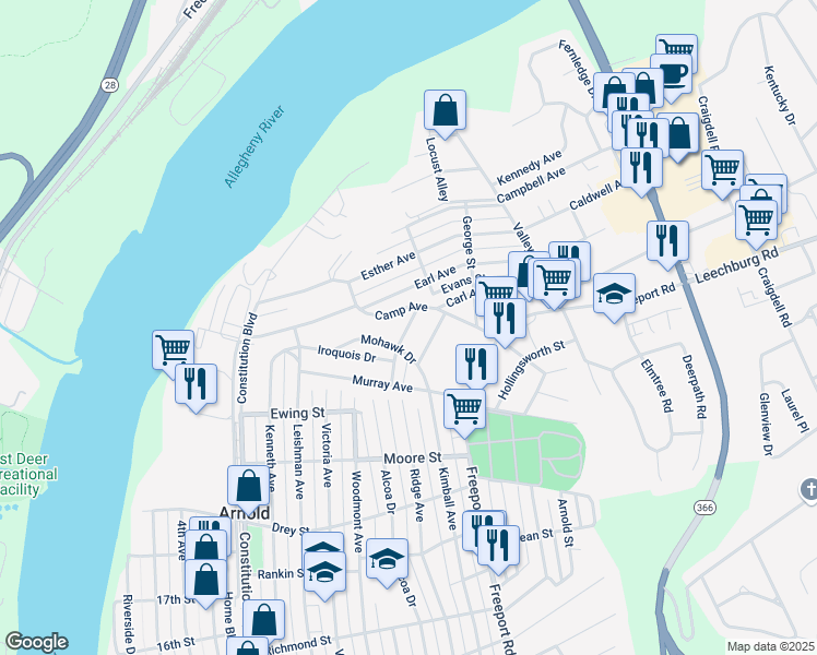 map of restaurants, bars, coffee shops, grocery stores, and more near 153 Mohawk Drive in New Kensington