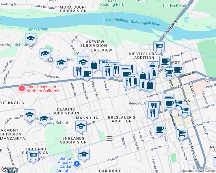 map of restaurants, bars, coffee shops, grocery stores, and more near 1201 Willis Street in Redding