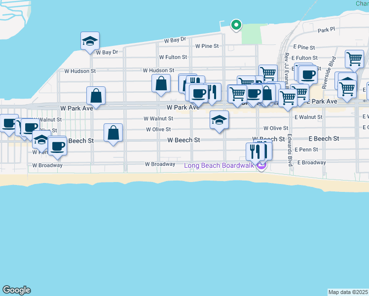 map of restaurants, bars, coffee shops, grocery stores, and more near 339 West Penn Street in Long Beach