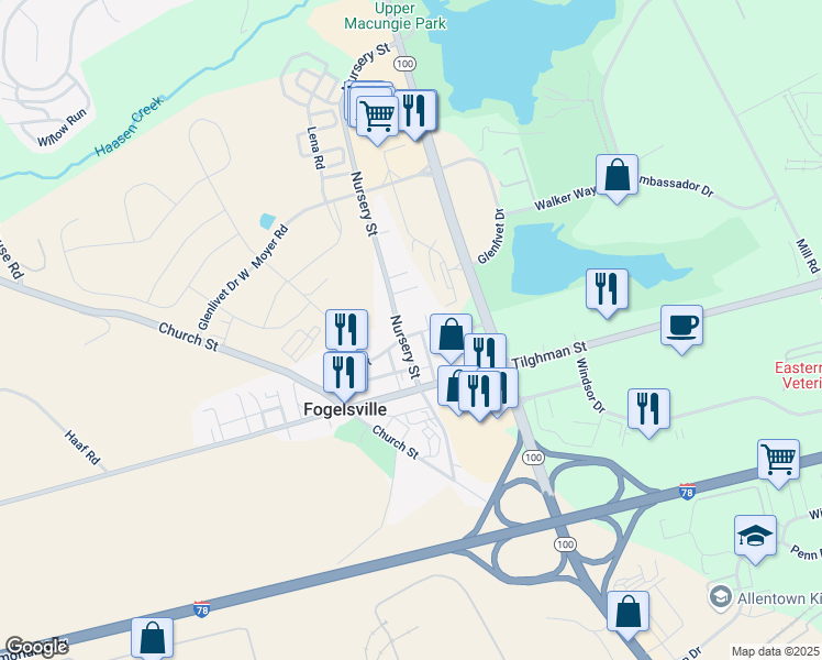 map of restaurants, bars, coffee shops, grocery stores, and more near 7731 Lime Street in Fogelsville