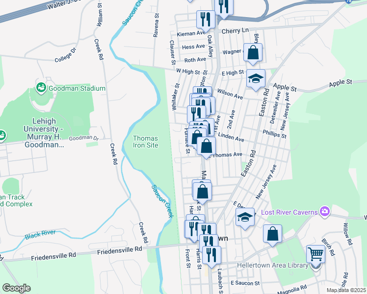 map of restaurants, bars, coffee shops, grocery stores, and more near 1130 Furnace Street in Hellertown