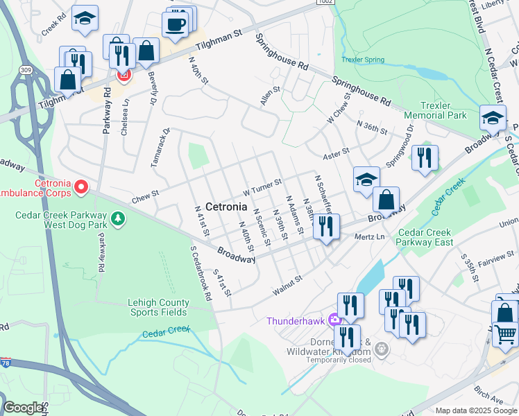 map of restaurants, bars, coffee shops, grocery stores, and more near 121 North Scenic Street in Allentown