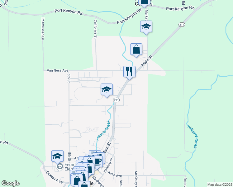 map of restaurants, bars, coffee shops, grocery stores, and more near 1299 Main Street in Ferndale