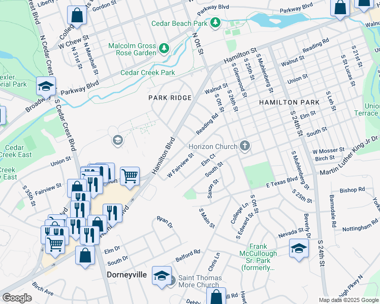 map of restaurants, bars, coffee shops, grocery stores, and more near 230 College Drive in Allentown