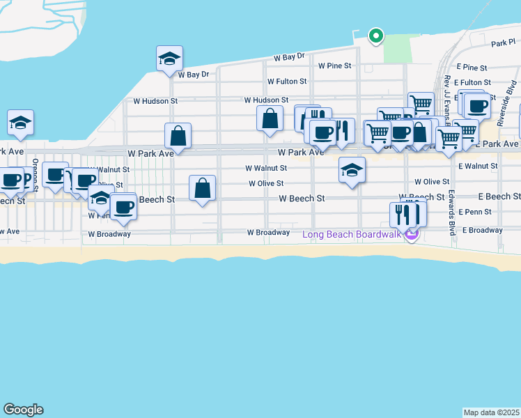 map of restaurants, bars, coffee shops, grocery stores, and more near 415 West Penn Street in Long Beach