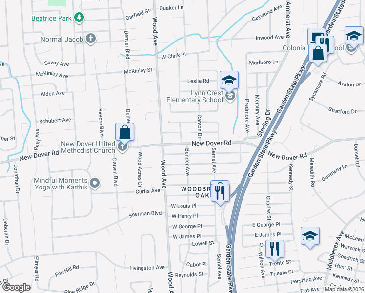 map of restaurants, bars, coffee shops, grocery stores, and more near 30 New Dover Road in Woodbridge Township