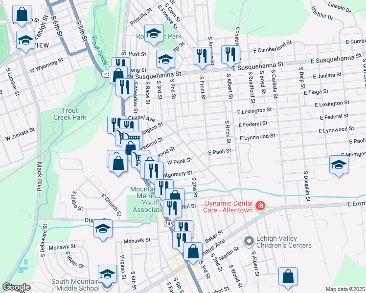 map of restaurants, bars, coffee shops, grocery stores, and more near 1704-1706 Chapel Avenue in Allentown