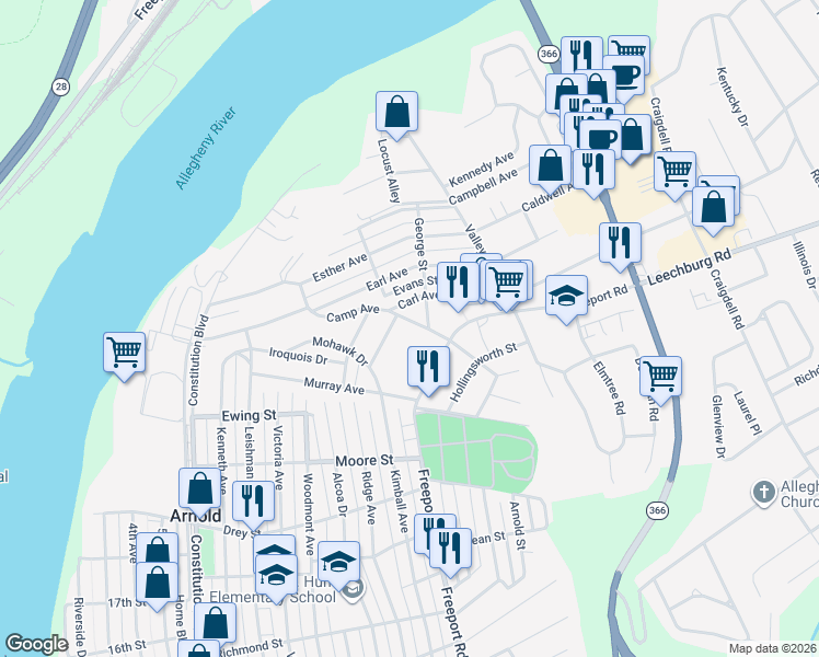 map of restaurants, bars, coffee shops, grocery stores, and more near 556 Camp Avenue in New Kensington