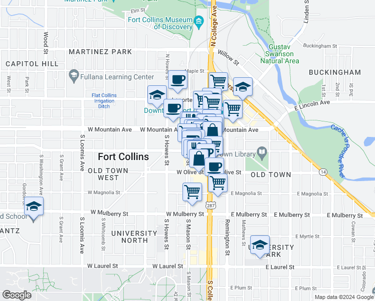 map of restaurants, bars, coffee shops, grocery stores, and more near 1 West Oak Street in Fort Collins