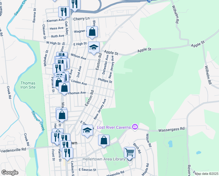 map of restaurants, bars, coffee shops, grocery stores, and more near 1203 New Jersey Avenue in Hellertown