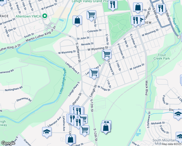 map of restaurants, bars, coffee shops, grocery stores, and more near 1232 West Juniata Street in Allentown