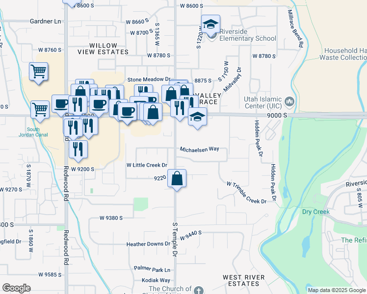 map of restaurants, bars, coffee shops, grocery stores, and more near 1272 Michaelsen Way in West Jordan