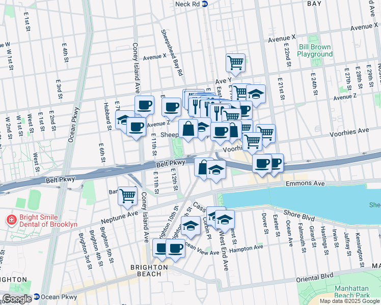 map of restaurants, bars, coffee shops, grocery stores, and more near 3225 Shore Parkway in Brooklyn