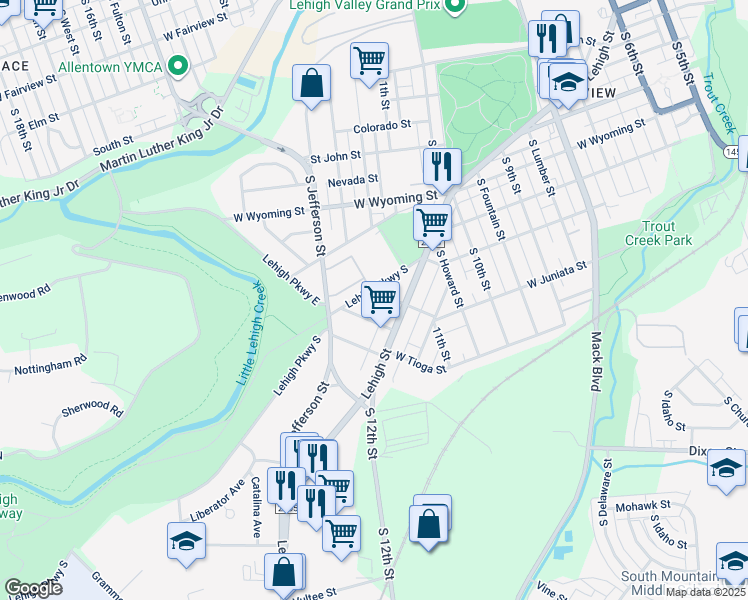 map of restaurants, bars, coffee shops, grocery stores, and more near 1232 West Juniata Street in Allentown