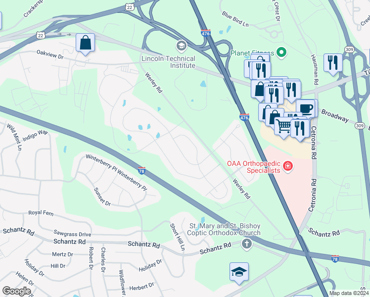 map of restaurants, bars, coffee shops, grocery stores, and more near 4622 Woodbrush Way in Allentown