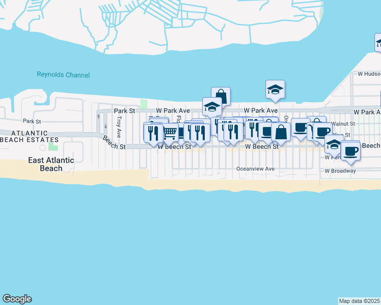 map of restaurants, bars, coffee shops, grocery stores, and more near 44 Georgia Avenue in Long Beach