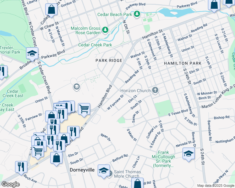 map of restaurants, bars, coffee shops, grocery stores, and more near 2860 Reading Road in Allentown