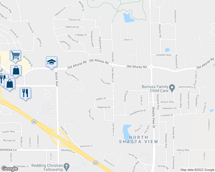 map of restaurants, bars, coffee shops, grocery stores, and more near 2173 Oshea Way in Redding
