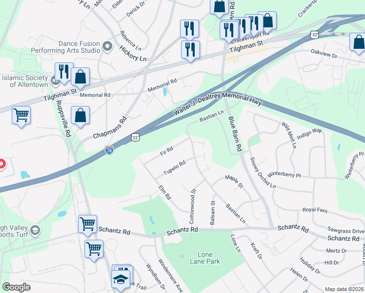 map of restaurants, bars, coffee shops, grocery stores, and more near 318 Bastian Lane in Allentown