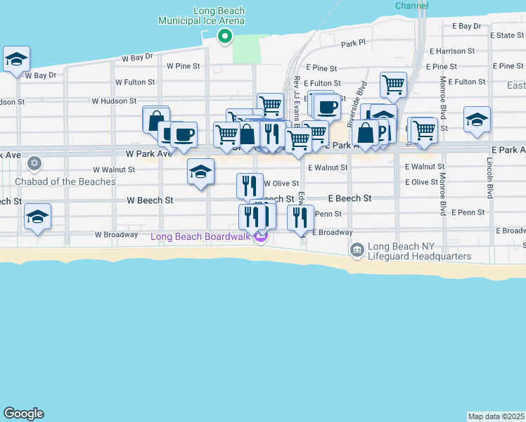 map of restaurants, bars, coffee shops, grocery stores, and more near 73 West Penn Street in Long Beach