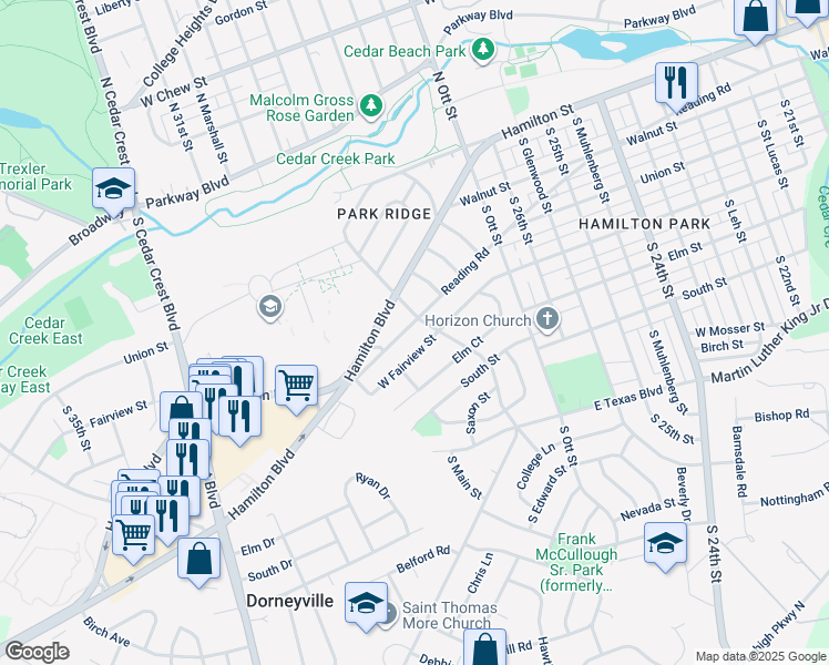 map of restaurants, bars, coffee shops, grocery stores, and more near 2860 Reading Road in Allentown