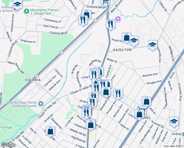 map of restaurants, bars, coffee shops, grocery stores, and more near 152 East Hill Road in Woodbridge Township