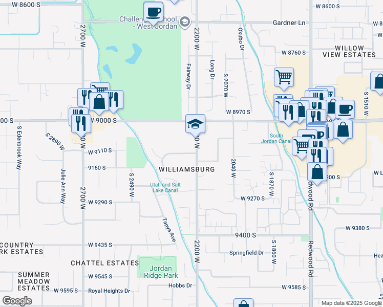 map of restaurants, bars, coffee shops, grocery stores, and more near 2223 Williamsburg Circle in West Jordan