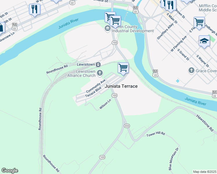 map of restaurants, bars, coffee shops, grocery stores, and more near 106 Delaware Avenue in Lewistown