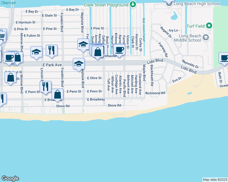 map of restaurants, bars, coffee shops, grocery stores, and more near 106 Wilson Avenue in Long Beach