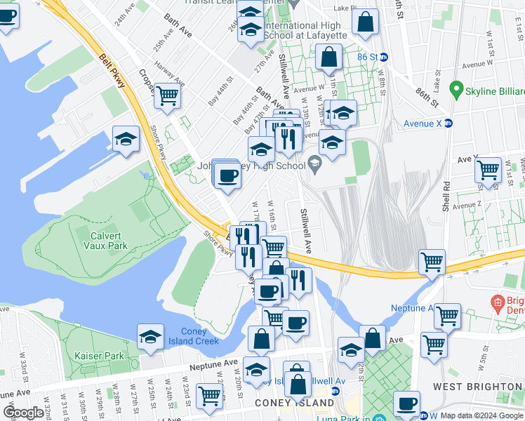 map of restaurants, bars, coffee shops, grocery stores, and more near 2539 West 17th Street in Brooklyn