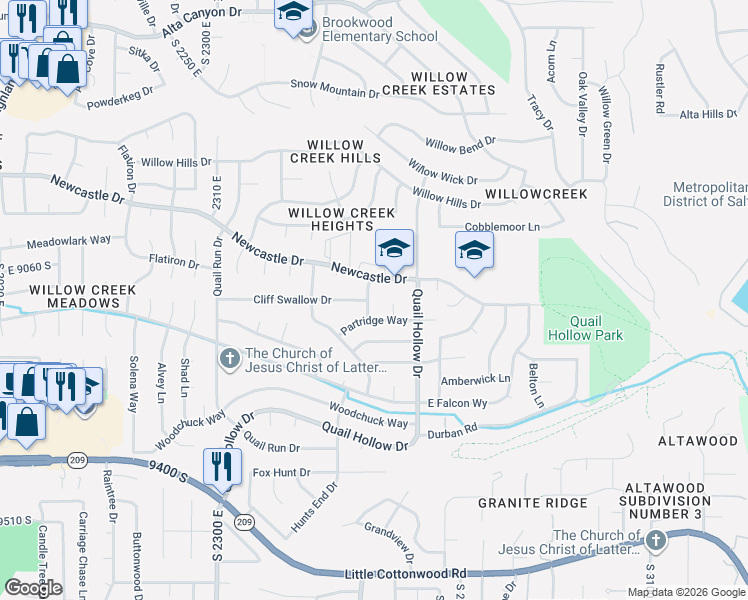 map of restaurants, bars, coffee shops, grocery stores, and more near 9111 South Parakeet Drive in Sandy