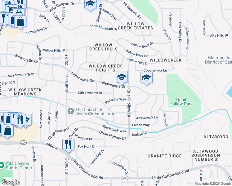 map of restaurants, bars, coffee shops, grocery stores, and more near 9111 South Parakeet Drive in Sandy