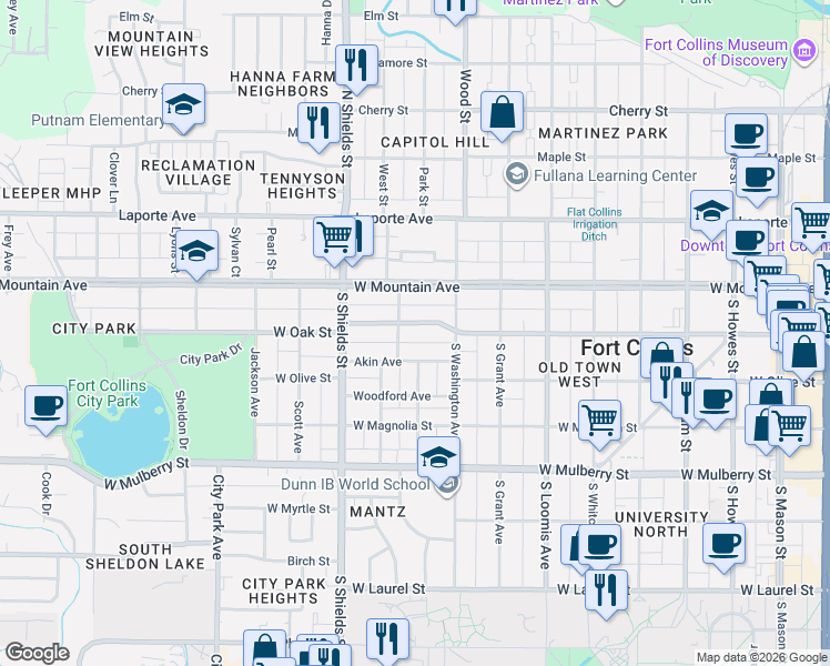 map of restaurants, bars, coffee shops, grocery stores, and more near 931 West Oak Street in Fort Collins