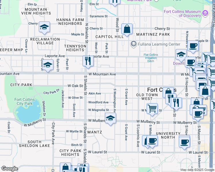 map of restaurants, bars, coffee shops, grocery stores, and more near 921 West Oak Street in Fort Collins
