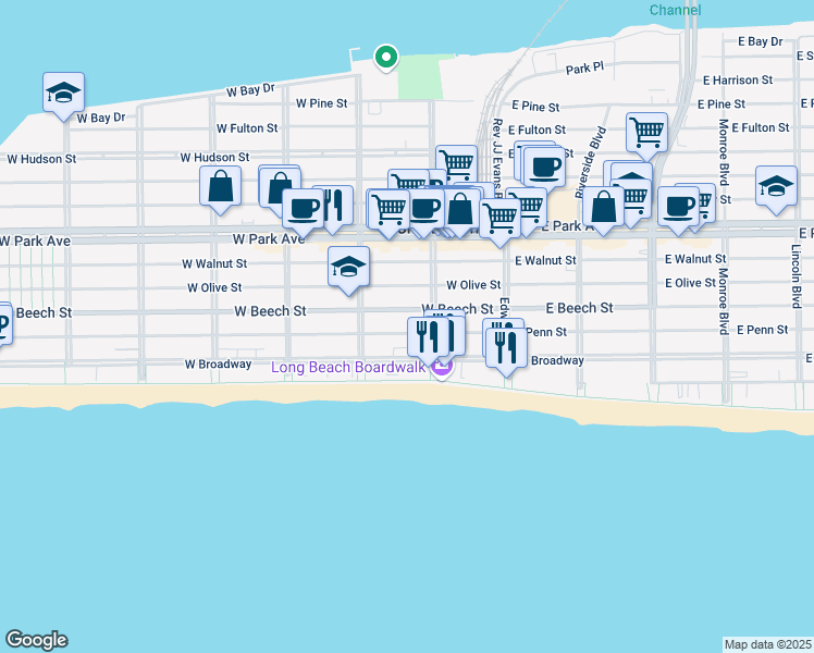 map of restaurants, bars, coffee shops, grocery stores, and more near 125 West Penn Street in Long Beach